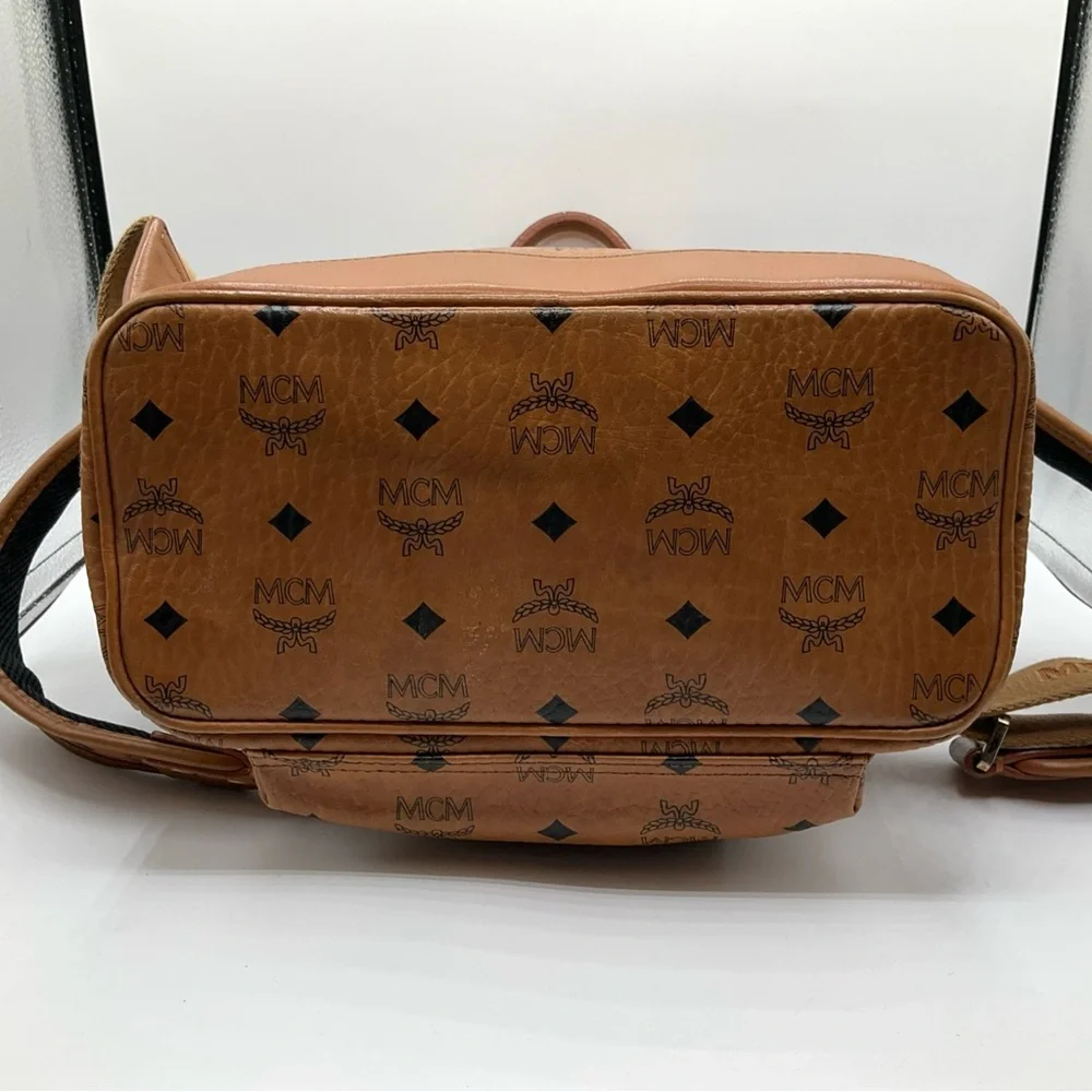 MCM Visetos Brown Cognac Monogram Gold Studded Leather Backpack - Picture 14 of 15